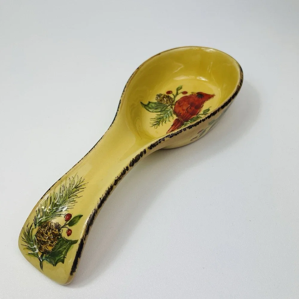 Hand painted Maxcera Cardinal Holiday Pine Holly Utensil Spoon Rest  10